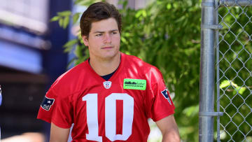 Jun 10, 2024; Foxborough, MA, USA; New England Patriots quarterback Drake Maye (10) walks to the practice fields for minicamp at Gillette Stadium. Mandatory Credit: Eric Canha-USA TODAY Sports