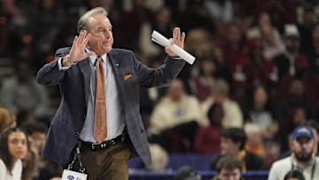March 9, 2025; Greenville, SC, USA; Texas Longhorns head coach Vic Schaefer signals to his team during the first half against the South Carolina Gamecocks at Bon Secours Wellness Arena.