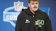Mar 1, 2025; Indianapolis, IN, USA; North Dakota State University offensive lineman Grey Zabel (OL50) answers questions at a press conference during the 2025 NFL Combine at Indiana Convention Center. 