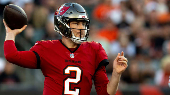 Tampa Bay Buccaneers quarterback Kyle Trask (2) throws a pass in the second quarter of the NFL preseason game against the Cincinnati Bengals at Paycor Stadium in Cincinnati on Saturday, August 10, 2024.