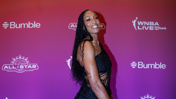 Jul 18, 2024; Phoenix, AZ, USA; Las Vegas Aces player A'ja Wilson walks the red carpet during the WNBA All Star weekend at the Phoenix Convention Center. Mandatory Credit: Mark J. Rebilas-USA TODAY Sports