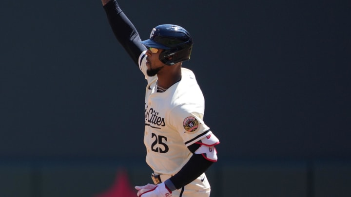 Minnesota Twins center fielder Byron Buxton (25) reacts to hitting a solo home run during the second inning against the Cleveland Guardians at Target Field on Aug 11.