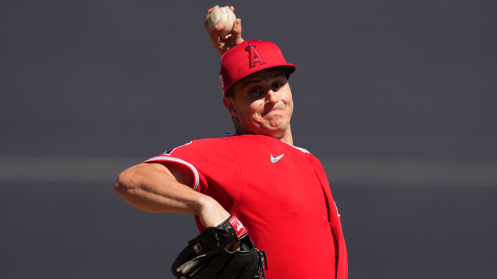 Feb 25, 2023; Peoria, Arizona, USA; Los Angeles Angels starting pitcher Tucker Davidson (32) pitches