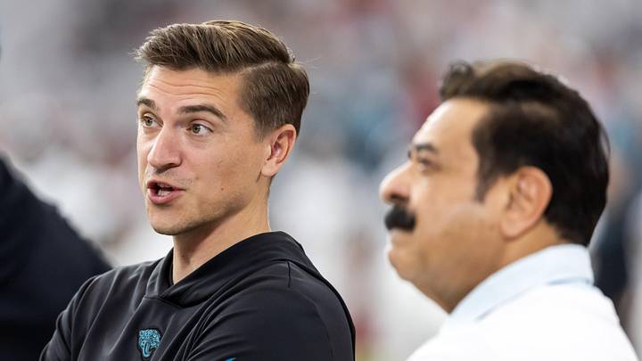 Nov 23, 2025; Glendale, Arizona, USA; Jacksonville Jaguars general manager James Gladstone (left) with owner Shad Khan against the Arizona Cardinals at State Farm Stadium. 