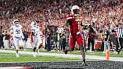 Louisville Cardinals running back Isaac Brown (1) runs into the end zone after a 78-yard gain for a fourth quarter touchdown as the Cards beat James Madison University 28-14 Friday September 5, 2025 at L&N Credit Union Stadium in Louisville, Kentucky.