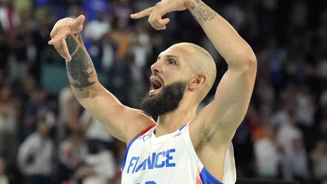 Aug 8, 2024; Paris, France; France shooting guard Evan Fournier (10) /celebrates after the game against Germany in a men's basketball semifinal game during the Paris 2024 Olympic Summer Games at Accor Arena. Mandatory Credit: Kyle Terada-Imagn Images