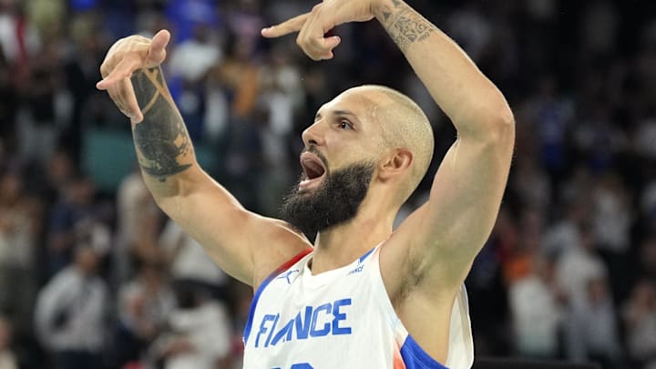 Aug 8, 2024; Paris, France; France shooting guard Evan Fournier (10) /celebrates after the game against Germany in a men's basketball semifinal game during the Paris 2024 Olympic Summer Games at Accor Arena. Mandatory Credit: Kyle Terada-Imagn Images