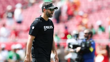 Sep 28, 2025; Tampa, Florida, USA; Philadelphia Eagles head coach Nick Sirianni looks on before the game against Tampa Bay Buccaneers at Raymond James Stadium. Mandatory Credit: Nathan Ray Seebeck-Imagn Images