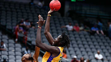 Mamadou N'Diaye (34) releases a shotagainst Bivouac during a 2021 Big3 3-on-3 basketball league game. Recently, the former Brethern Christian basketball star was photographed with MLB superstar Shohei Ohtani.