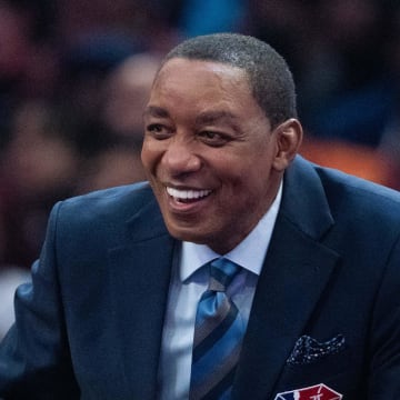 February 19, 2022; Cleveland, OH, USA; NBA great Isiah Thomas during the Slam Dunk Contest during the 2022 NBA All-Star Saturday Night at Rocket Mortgage Field House. Mandatory Credit: Kyle Terada-USA TODAY Sports