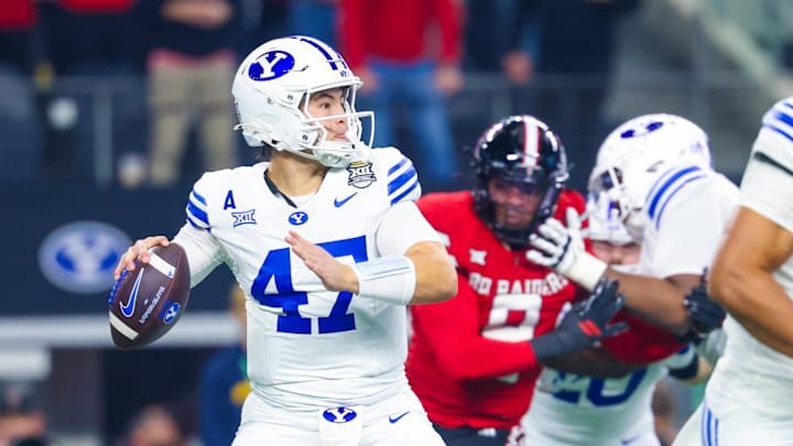 Dec 6, 2025; Arlington, TX, USA;  BYU Cougars quarterback Bear Bachmeier (47) throws during the first quarter against the Texas Tech Red Raiders at AT&T Stadium. Mandatory Credit: Kevin Jairaj-Imagn Images
