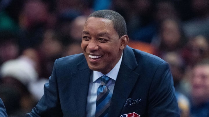 February 19, 2022; Cleveland, OH, USA; NBA great Isiah Thomas during the Slam Dunk Contest during the 2022 NBA All-Star Saturday Night at Rocket Mortgage Field House. Mandatory Credit: Kyle Terada-USA TODAY Sports