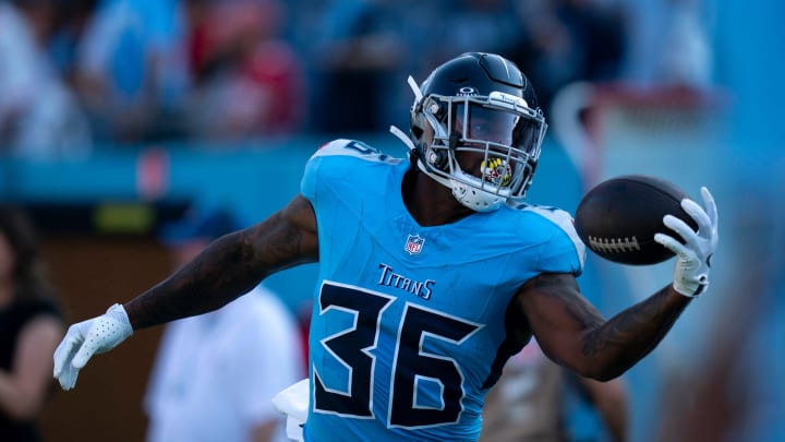 Tennessee Titans running back Julius Chestnut (36) hauls in a pass in warmups before their first preseason game of the 2024-25 season against the San Francisco 49ers at Nissan Stadium Saturday, Aug. 10, 2024.