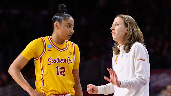 JuJu Watkins and Lindsay Gottlieb during No. 3 USC's 73–55 win over Kansas in the second round of the NCAA women's tournament on March 25, 2024.