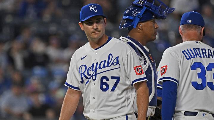 Apr 9, 2026; Kansas City, Missouri, USA;  Kansas City Royals manager Matt Quatraro (33) relieves starting pitcher Seth Lugo (67) in the seventh inning against the Chicago White Sox at Kauffman Stadium. Mandatory Credit: Peter Aiken-Imagn Images