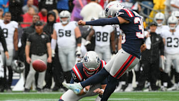 Sep 7, 2025; Foxborough, Massachusetts, USA; New England Patriots place kicker Andy Borregales (36) kicks a field goal against the Las Vegas Raiders at Gillette Stadium. Mandatory Credit: Bob DeChiara-Imagn Images