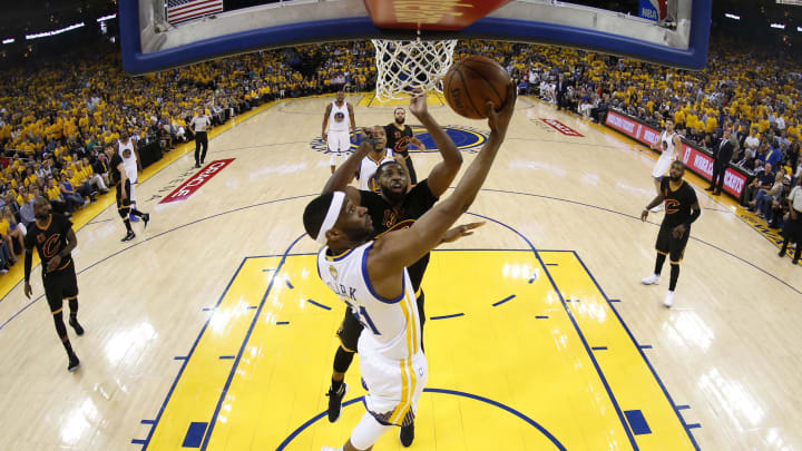 Jun 4, 2017; Oakland, CA, USA; Golden State Warriors guard Ian Clark (21) shoots against Cleveland Cavaliers center Tristan Thompson (13) during the second half in game two of the 2017 NBA Finals at Oracle Arena. Mandatory Credit: John Mabanglo/Pool Photo via USA TODAY Sports