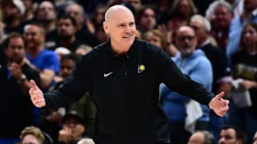 May 13, 2025; Cleveland, Ohio, USA; Indiana Pacers head coach Rick Carlisle reacts during the second half against the Cleveland Cavaliers in game five of the second round for the 2025 NBA Playoffs at Rocket Arena. Mandatory Credit: Ken Blaze-Imagn Images