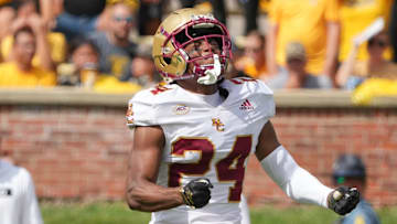 Sep 14, 2024; Columbia, Missouri, USA; Boston College Eagles cornerback Amari Jackson (24) reacts after nearly intercepting a pass from Missouri Tigers quarterback Brady Cook (12) (not pictured) during the first half at Faurot Field at Memorial Stadium. Mandatory Credit: Denny Medley-Imagn Images