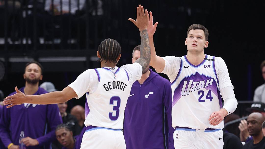 Oct 29, 2025; Salt Lake City, Utah, USA; Utah Jazz guard Keyonte George (3) and center Walker Kessler (24) react to a play against the Portland Trail Blazers during the first quarter at Delta Center. Mandatory Credit: Rob Gray-Imagn Images