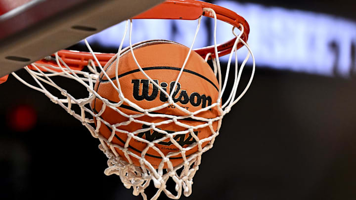 Nov 8, 2024; College Station, Texas, USA; A detailed view of an official game ball with the NCAA logo prior to the game between the Texas A&M Aggies and the East Texas A&M Lions at Reed Arena. The Aggies defeated the Lions 87-55. Mandatory Credit: Maria Lysaker-Imagn Images 