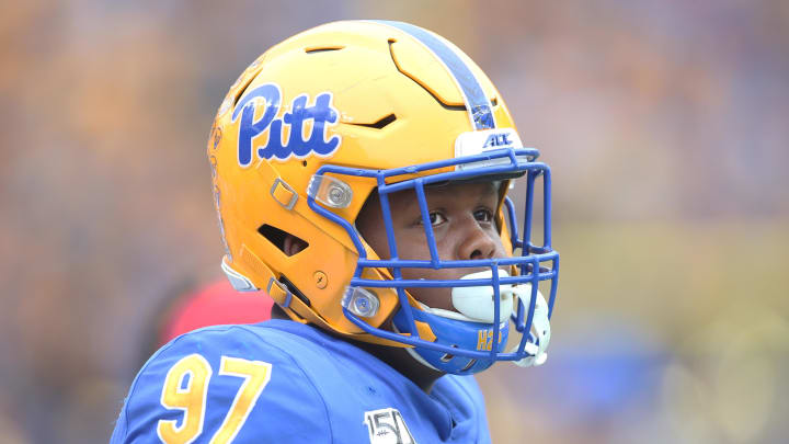 Oct 26, 2019; Pittsburgh, PA, USA;   Pittsburgh Panthers defensive lineman Jaylen Twyman (97) looks on from the sidelines against the Miami Hurricanes during the first quarter at Heinz Field. Miami won 16-12. Mandatory Credit: Charles LeClaire-USA TODAY Sports