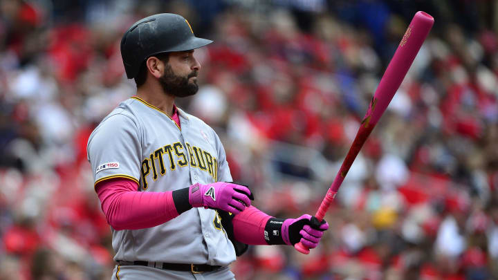 May 12, 2019; St. Louis, MO, USA; Pittsburgh Pirates catcher Francisco Cervelli (29) bats during the first inning against the St. Louis Cardinals at Busch Stadium. Mandatory Credit: Jeff Curry-USA TODAY Sports