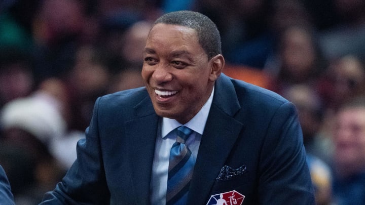 February 19, 2022; Cleveland, OH, USA; NBA great Isiah Thomas during the Slam Dunk Contest during the 2022 NBA All-Star Saturday Night at Rocket Mortgage Field House. Mandatory Credit: Kyle Terada-USA TODAY Sports