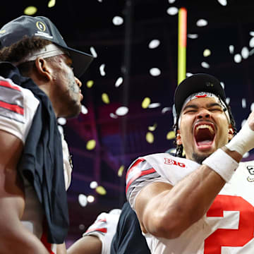Jan 20, 2025; Atlanta, GA, USA; Ohio State Buckeyes wide receiver Emeka Egbuka (2) celebrates after winning against the Notre Dame Fighting Irish in the CFP National Championship college football game at Mercedes-Benz Stadium.