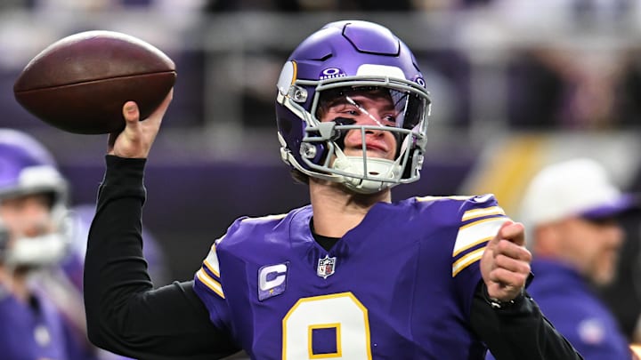 Jan 4, 2026; Minneapolis, Minnesota, USA; Minnesota Vikings quarterback J.J. McCarthy (9) warms up prior to the game against the Green Bay Packers at U.S. Bank Stadium. Mandatory Credit: Jeffrey Becker-Imagn Images