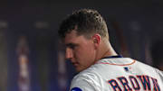 Aug 26, 2025; Houston, Texas, USA; Houston Astros starting pitcher Hunter Brown (58) in the dugout while the Astros bat against the Colorado Rockies in the fifth inning at Daikin Park. Mandatory Credit: Thomas Shea-Imagn Images