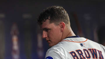 Aug 26, 2025; Houston, Texas, USA; Houston Astros starting pitcher Hunter Brown (58) in the dugout while the Astros bat against the Colorado Rockies in the fifth inning at Daikin Park. Mandatory Credit: Thomas Shea-Imagn Images
