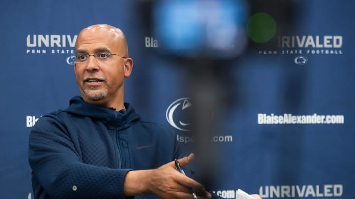 Penn State head football coach James Franklin answers a question during a press conference in Holuba Hall.