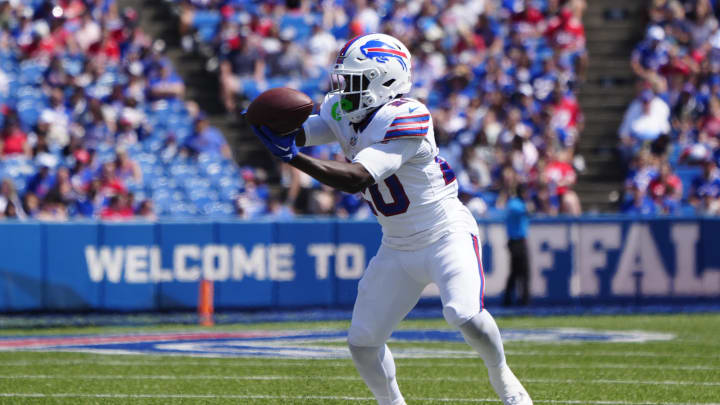 Aug 24, 2024; Orchard Park, NY; Buffalo Bills running back Frank Gore Jr. (20) makes a catch against the Carolina Panthers during the first half at Highmark Stadium.