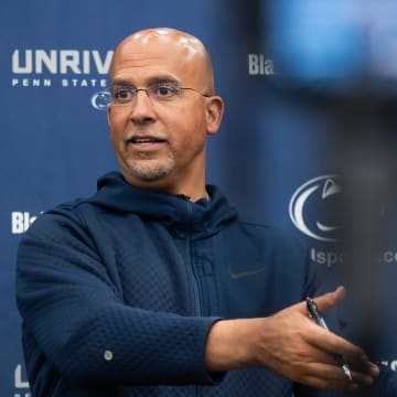 Penn State head football coach James Franklin answers a question during a press conference in Holuba Hall.