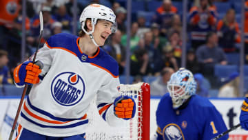 Mar 9, 2024; Buffalo, New York, USA;  Edmonton Oilers center Ryan McLeod (71) celebrates his goal during the first period against the Buffalo Sabres at KeyBank Center. Mandatory Credit: Timothy T. Ludwig-USA TODAY Sports