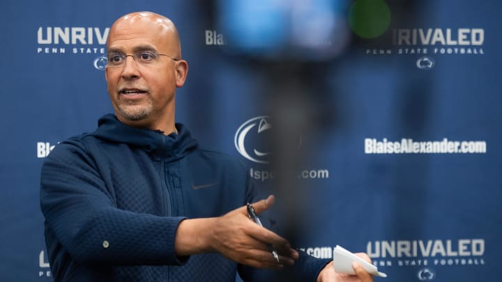 Penn State football coach James Franklin answers a question during a press conference in Holuba Hall. 