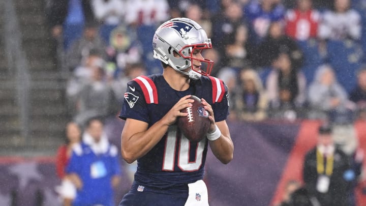 August 8, 2024; Foxborough, MA, USA;  New England Patriots quarterback Drake Maye (10) throws a pass against the Carolina Panthers  during the first half at Gillette Stadium. Mandatory Credit: Eric Canha-USA TODAY Sports