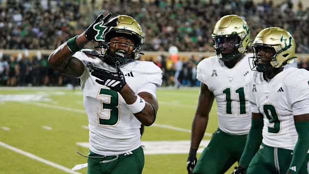 South Florida Bulls cornerback Jonas Duclona (3) reacts after an interception against the North Texas Mean Green.
