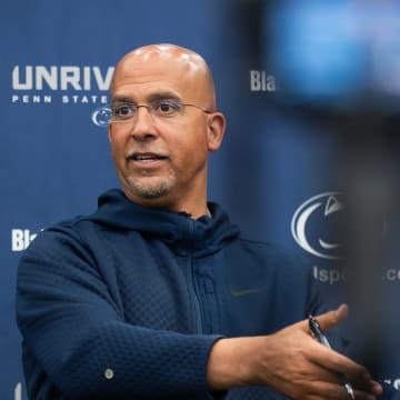 Penn State football coach James Franklin answers a question during a press conference at Holuba Hall. 
