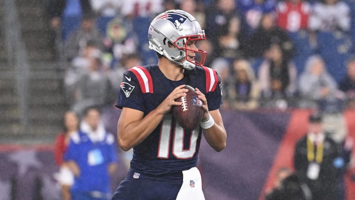 August 8, 2024; Foxborough, MA, USA;  New England Patriots quarterback Drake Maye (10) throws a pass against the Carolina Panthers  during the first half at Gillette Stadium. Mandatory Credit: Eric Canha-USA TODAY Sports