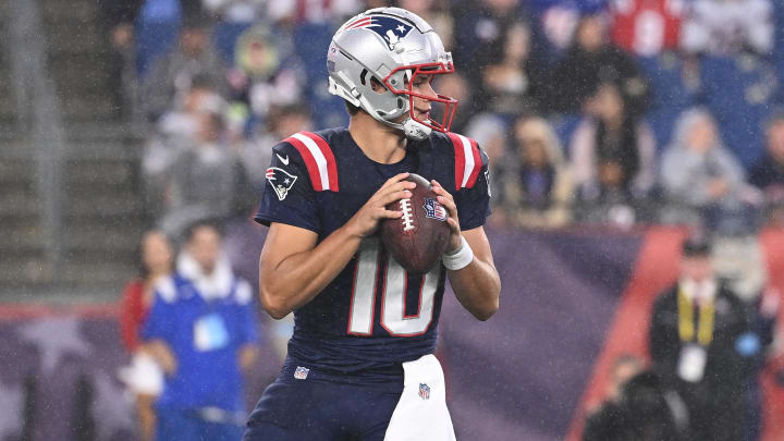 August 8, 2024; Foxborough, MA, USA;  New England Patriots quarterback Drake Maye (10) throws a pass against the Carolina Panthers  during the first half at Gillette Stadium. Mandatory Credit: Eric Canha-USA TODAY Sports