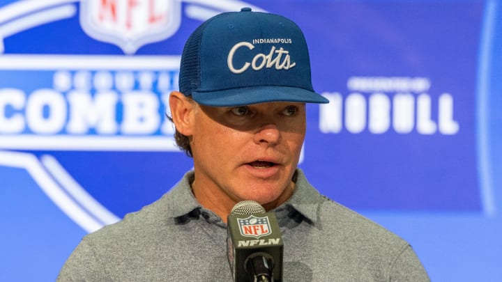 Colts general manager Chris Ballard talks to the media at the 2024 NFL Combine at Indiana Convention Center.