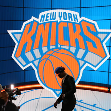 Jul 29, 2021; Brooklyn, New York, USA; Keon Johnson (Tennessee) walks off the stage after being selected as the number twenty-one overall pick by the New York Knicks in the first round of the 2021 NBA Draft at Barclays Center. Mandatory Credit: Brad Penner-Imagn Images