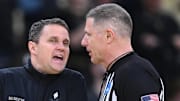 Mar 22, 2025; Providence, RI, USA; McNeese State Cowboys head coach Will Wade talks to an official during the second half of a second-round men’s NCAA Tournament game against the Purdue Boilermakers at Amica Mutual Pavilion. Mandatory Credit: Brian Fluharty-Imagn Images
