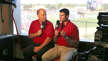 Philadelphia Phillies broadcasters Tom McCarthy (left) and Ben Davis on the air.