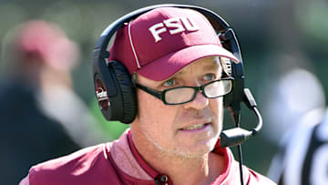 Oct 14, 2017; Durham, NC, USA; Florida State Seminoles head coach Jimbo Fisher during the second half against the Duke Blue Devils at Wallace Wade Stadium. Mandatory Credit: Rob Kinnan-Imagn Images