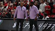 Jan 13, 2024; Lubbock, Texas, USA;  Kansas State Wildcats head coach Jerome Tang and associate head coach Ulric Maligi in the second half during the game against the Texas Tech Red Raiders at United Supermarkets Arena. Mandatory Credit: Michael C. Johnson-Imagn Images