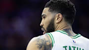 Feb 20, 2025; Philadelphia, Pennsylvania, USA; Boston Celtics forward Jayson Tatum (0) looks on during the third quarter against the Philadelphia 76ers at Wells Fargo Center. Mandatory Credit: Bill Streicher-Imagn Images