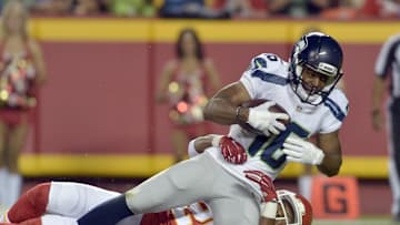 Aug 21, 2015; Kansas City, MO, USA; Seattle Seahawks wide receiver Tyler Lockett (16) is tackled by Kansas City Chiefs cornerback Steven Nelson (20) during the second half at Arrowhead Stadium. The Chiefs won 14-13. Mandatory Credit: Denny Medley-Imagn Images